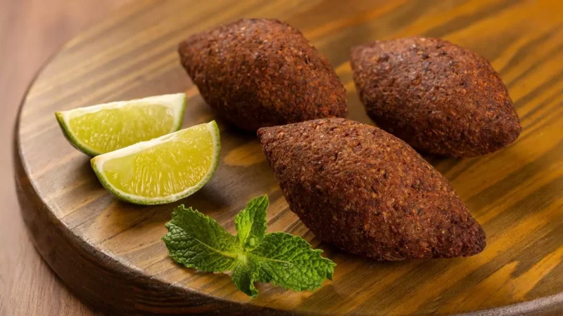 "Uma travessa com vários quibes fritos de cor marrom dourada e textura rugosa característica, dispostos ao lado de fatias de limão siciliano e algumas folhas de hortelã fresca."