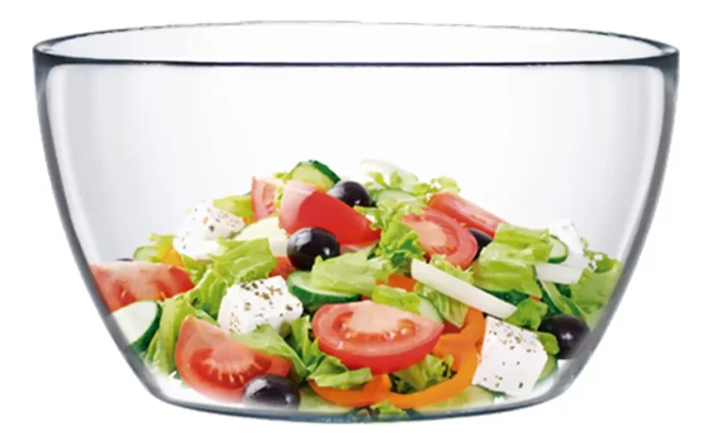 "Bowl de vidro temperado transparente e espaçoso para misturar saladas e servir."