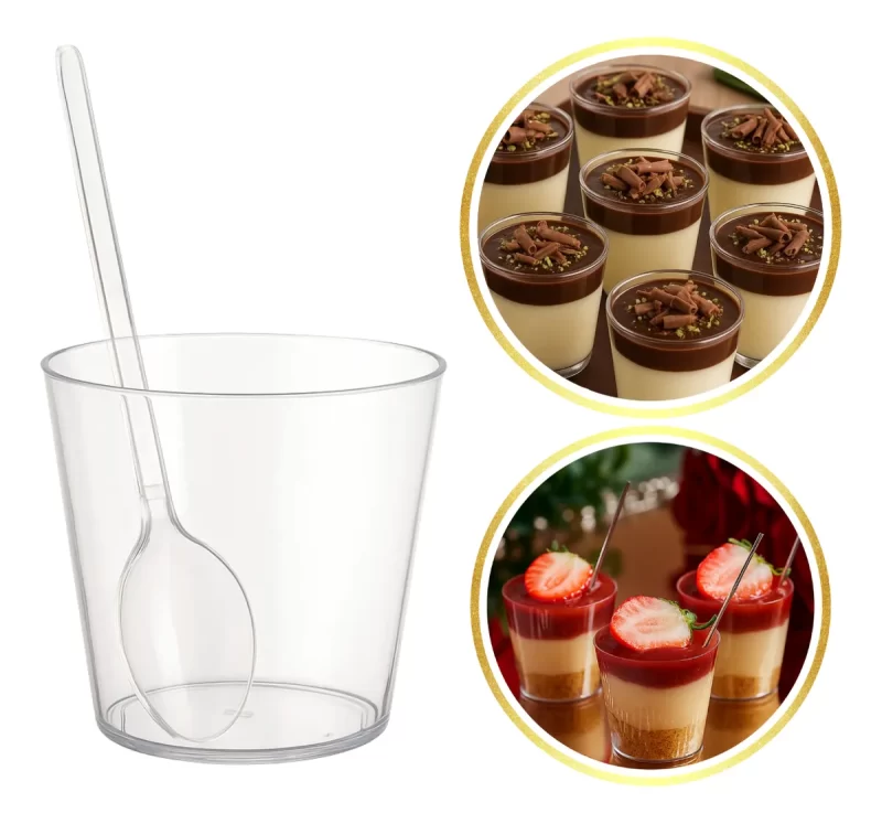 "Conjunto de copinhos de acrílico transparente para sobremesas individuais, recomendados por Geisa Araujo para verrines e doces de festa."
