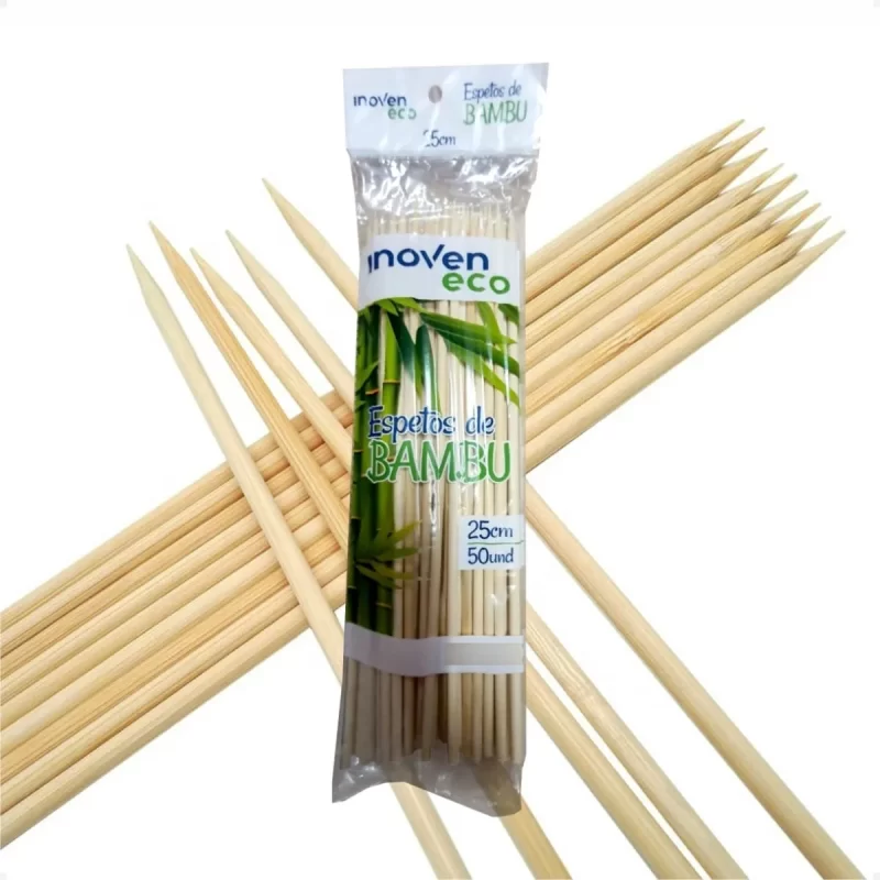 "Pacote de palitos de churrasco feitos de bambu natural, lisos e resistentes para uso culinário e artesanato."