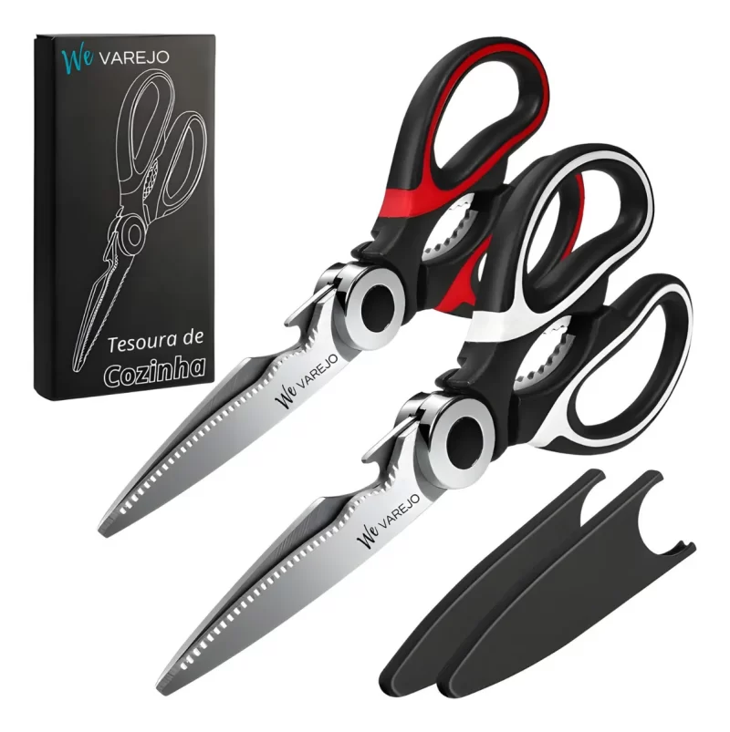 "Tesoura de cozinha em aço inox com cabo ergonômico preto, ideal para cortar embalagens, fitas e palitos."