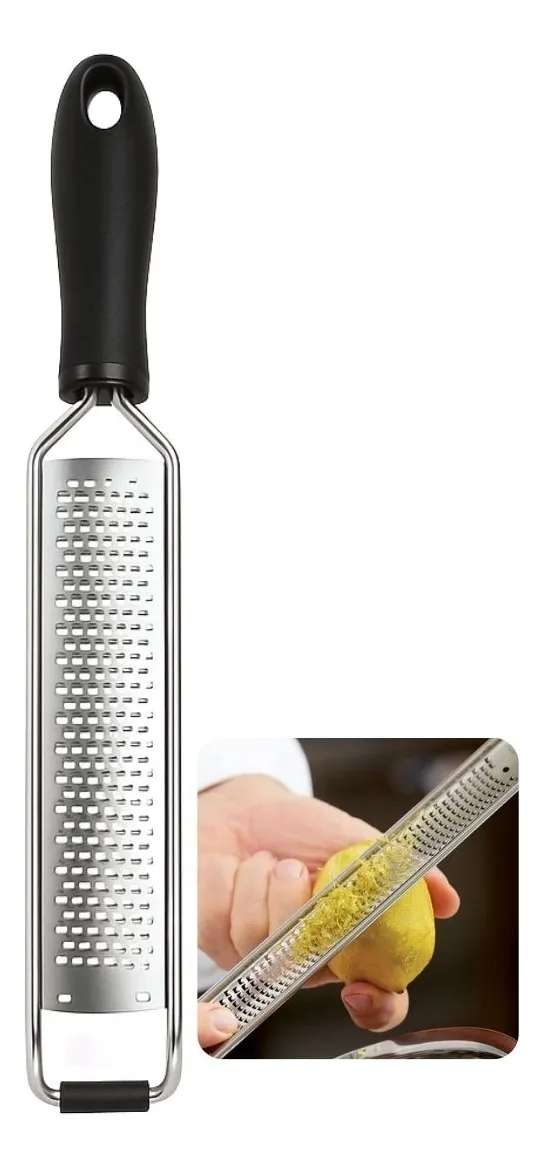 "Ralador de cítricos tipo zester em aço inox com cabo ergonômico, ideal para raspas de limão, laranja e especiarias."