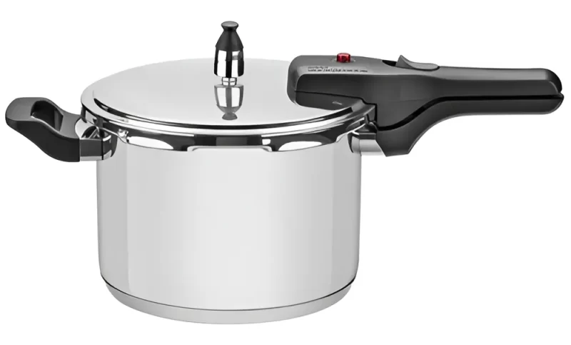 "Panela de pressão em aço inox com fundo triplo e sistema de segurança avançado, recomendada por Geisa Araujo para uma cozinha saudável e durável."