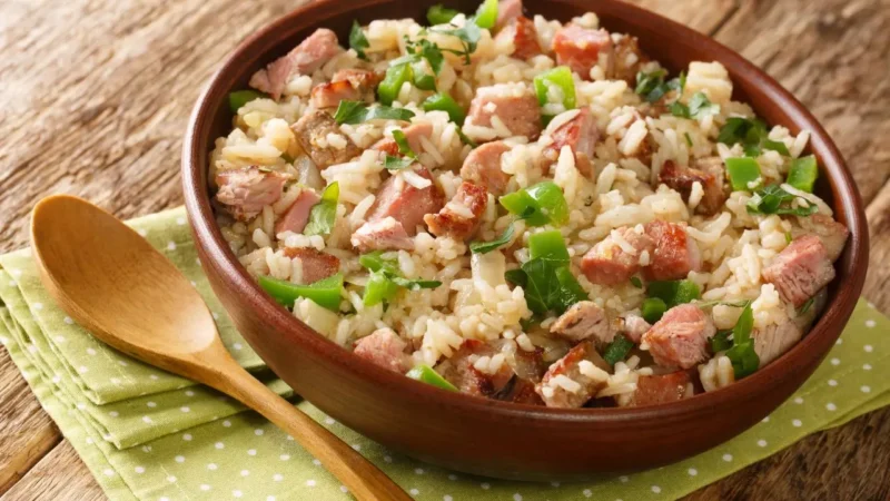 Um refratário branco saindo do forno com arroz de carne-seca dourado, coberto com uma camada generosa de queijo meia cura derretido e salpicado com cheiro-verde fresco.